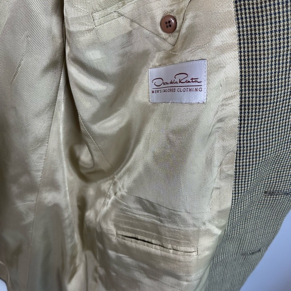 Oscar de la Renta Houndstooth Blazer Suit Coat in Tan and Blue Vintage size 44 - Picture 3 of 9